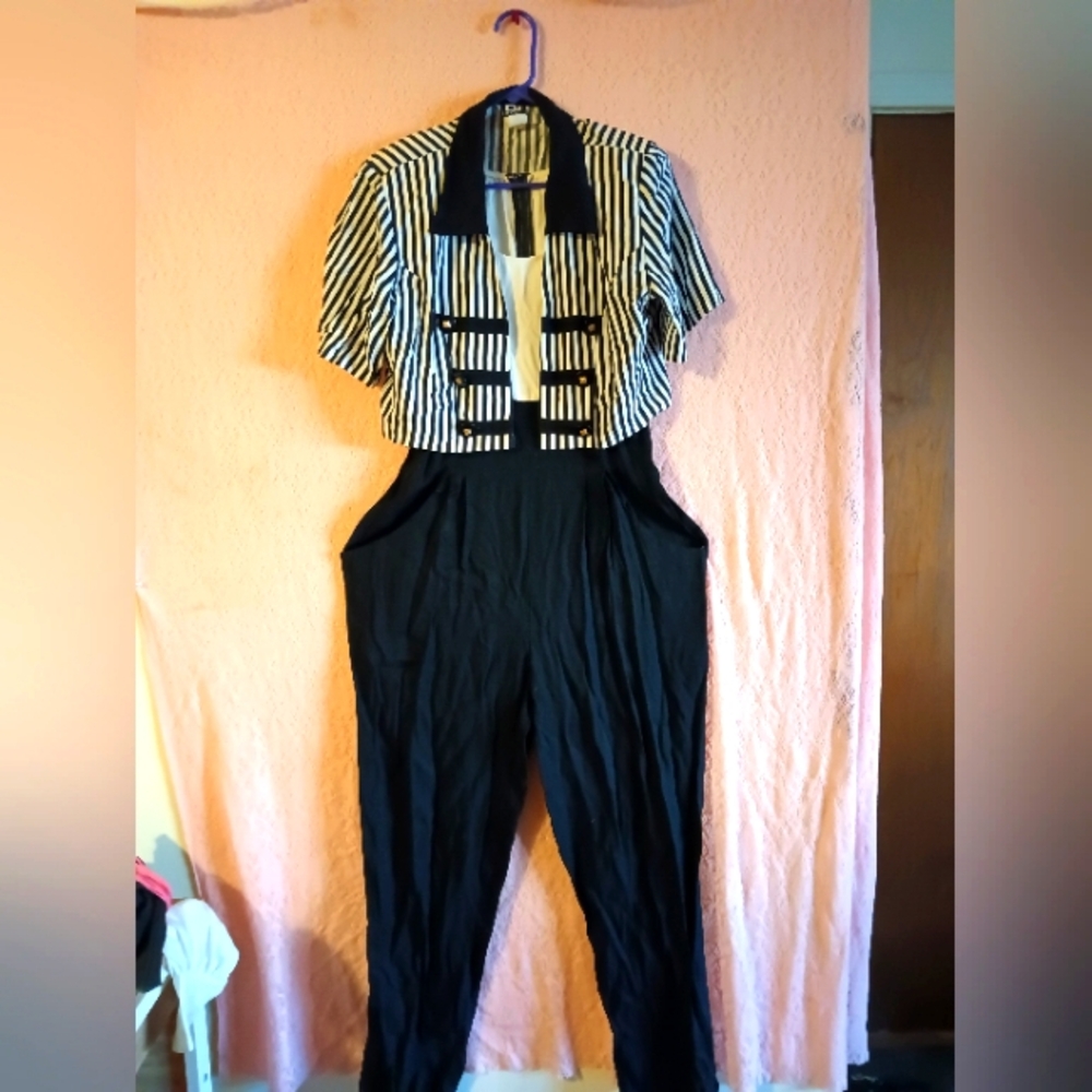 Vintage 80s Dj & Co Black & White Jumpsuit & Striped Cropped Jacket